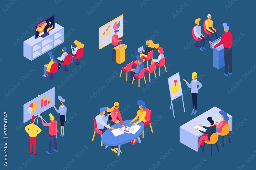 Isometric business training vector illustration. Group of student man woman characters, businessman on consulting conference with business trainer in office room. People in seminar, team meeting set Isometric business training vector illustration. Group of student man woman characters, businessman on consulting conference with business trainer in office room. People in seminar, team meeting set