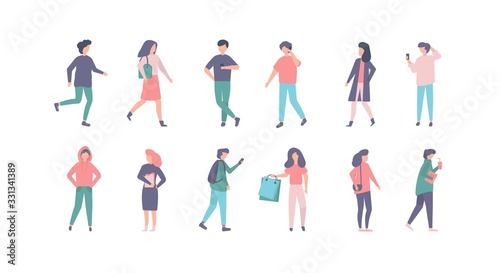 People in casual clothes vector illustration set. Cartoon man woman character in stylish clothing outfit, young person standing, walking, moving on city street. Active flat people isolated on white © creativeteam
