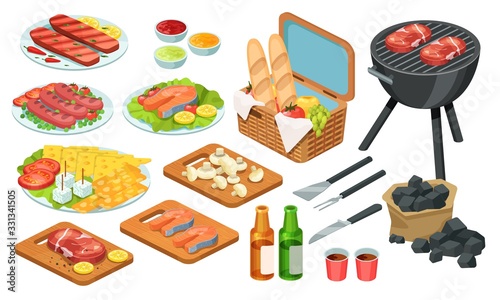 Isometric barbecue food, bbq grill meat, vector illustration set. Cartoon grilled beef, fish steak with various hot tomato sauce on picnic summer party, cooking food on fire 3d icons isolated on white