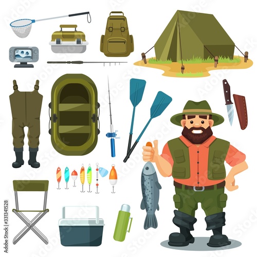 Fishing equipment for fisherman vector illustration set. Cartoon happy man character with catch fish, summer outdoor camp gear, box for fisher item, boat, camping flat element icons isolated on white