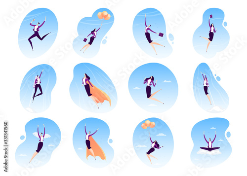 Business woman super hero flying vector illustration. Cartoon businesswoman superhero in cape, strong, active, power female character. Growth career, leadership concept icons set isolated on white