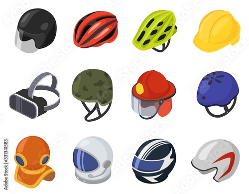 Isometric helmet vector illustration. Cartoon 3d safety hard hat, head protection for biker, motorcycle driver, building engineer worker and VR helmet for virtual reality icon set isolated on white
