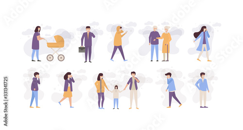 People in polluted city air wearing in masks vector illustration set. Different people men, women, children in polluted environment collection. Couples, family, businessman in protective respirators.