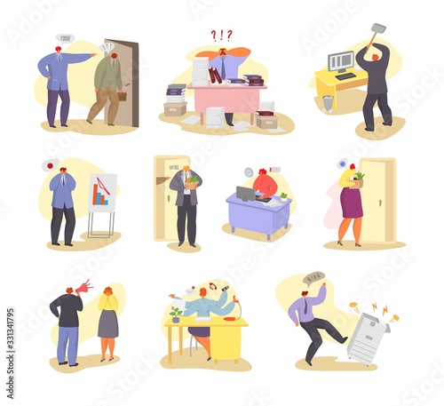 Problems at work vector illustration. Different people have troubles in job places. Dismissal, strength and energy lack, over hours, breakdown of office equipment. Hand drawn collection set isolated.