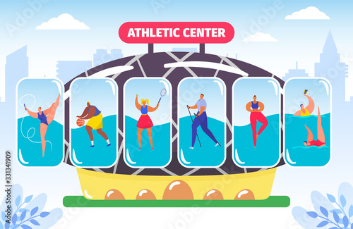 Fitness and athletic center, gym for different kinds of sport, athlete bodybuilding vector illustration. Workout center, professional trainers service. Athletic training for sportive people.
