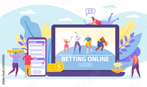 Betting online game, bets on sport banner tiny people cartoon vector illustration. Online live sportive soccer competition with betting people and digital related asset in computer via internet.
