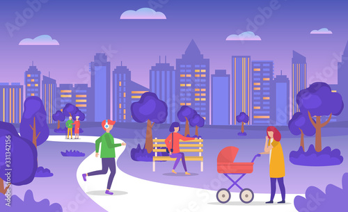 Casual people walking in evening summer city park, eldery couple, mother with baby carriage, young man jogging cartoon vector illustration. Man and woman in casual cloths at evening park time.