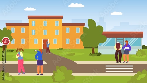 Casual people in city, teens, eldery couple summer cityscape and greenery cartoon vector illustration. Man and woman, children in casual cloths spending time outdoors.
