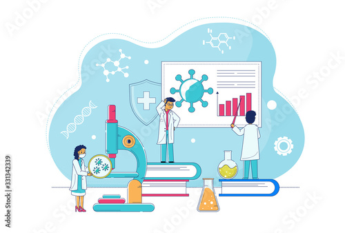 Coronavirus infection examed by scientists and medics in laboratory lineart vector illustration. Pandemic virus prevention in science lab microbiology research. Vaccine examination.