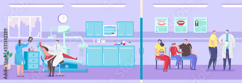Dentist office interior with doctor and patient in dental chair treating tooth and queue sick people waiting for medicine treatment vector illustration. Stomatological office inside.