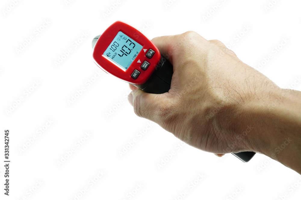 Medical electronic thermometer with high body temperature indicators,COVID-19,on a white background Medical electronic thermometer with high body temperature indicators,COVID-19,on a white background