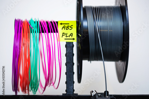 Loaded plastic filament on extruder with a sticky note that labels the variety of plastics used in 3d printing.