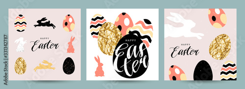 Happy Easter! Set of Easter cards, posters or flyers design with easter eggs and bunny. Cute vector flat illustration with calligraphy. Trendy design for social media, sale, advertisement, web