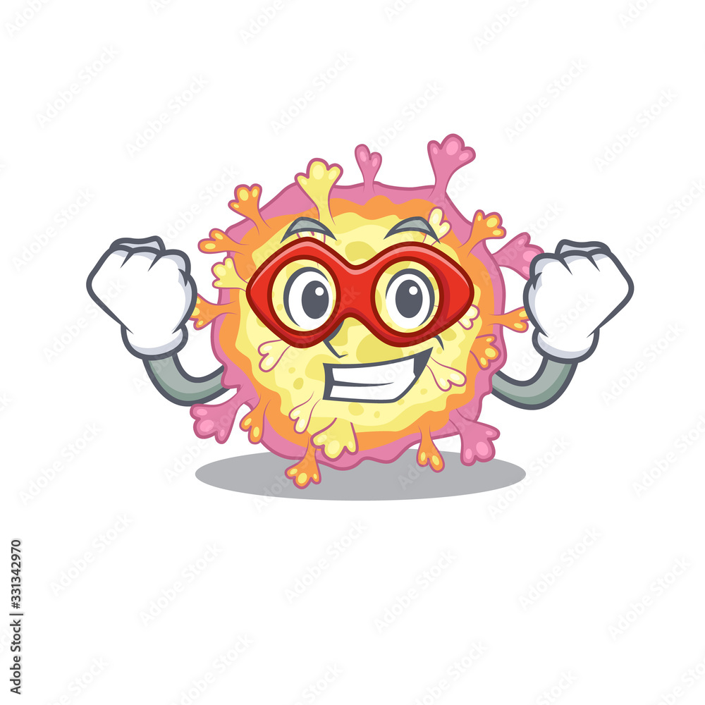 A picture of coronaviridae virus in a Super hero cartoon character