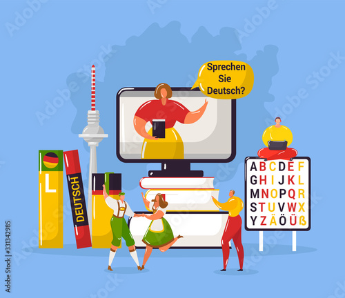 Learning german language in Germany education webpage template vector illustration. German flag with dictionaries and tiny people in national cloths, teacher. Time to learn german banner.