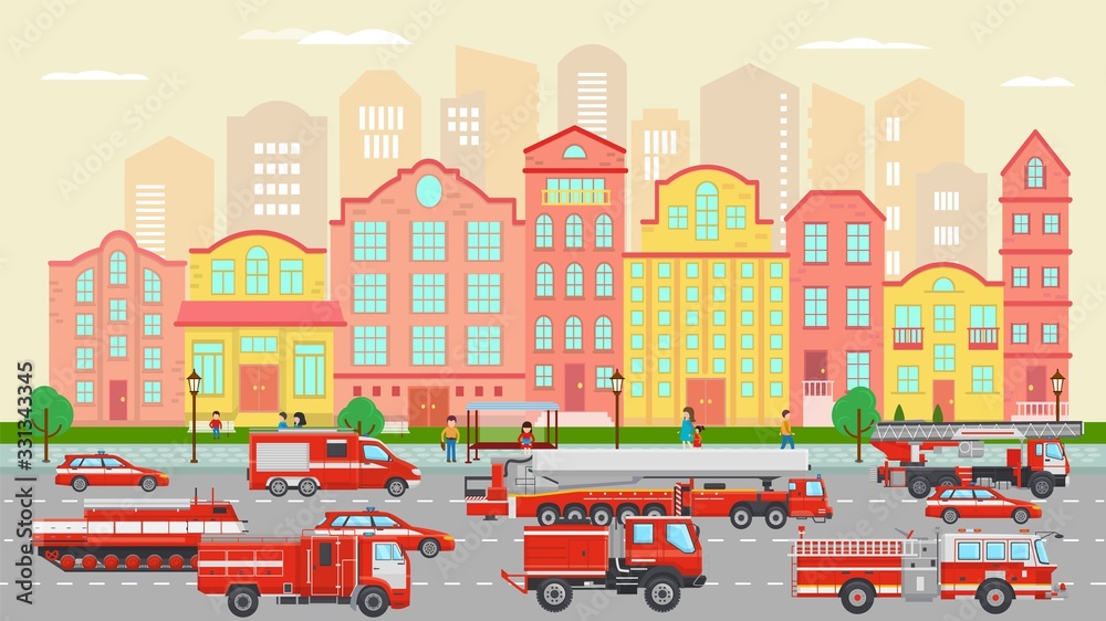 Fire trucks convoy driving along city street vector illustration. Many different fire engines cars ride on roadway. Urban buildings and people passers by. Emergency transport vehicles.