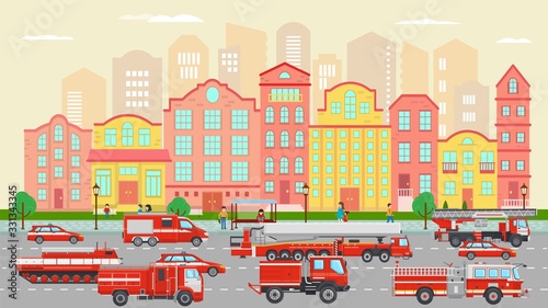 Fire trucks convoy driving along city street vector illustration. Many different fire engines cars ride on roadway. Urban buildings and people passers by. Emergency transport vehicles.