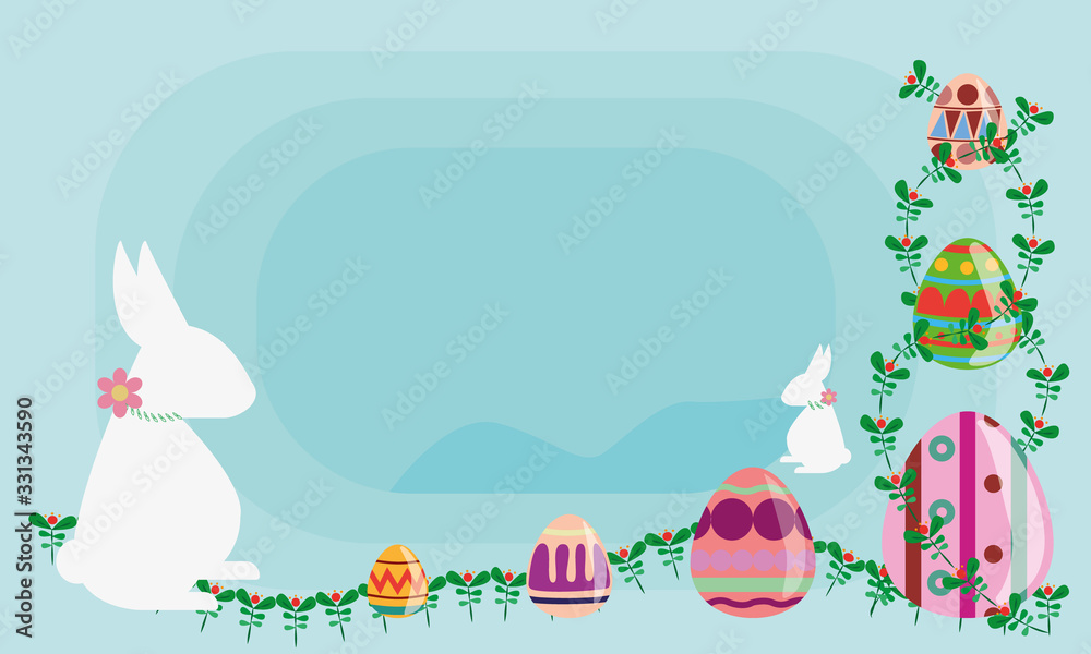 Happy Easter bunny with eggs on blue background and text space Happy Easter bunny with eggs on blue background and text space