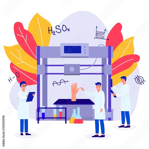 Science laboratory, working people team at biotechnological, chemical research vector illustration. Scientists with volumetric model of human hand on 3D printer, formulas, flasks and test tubes.