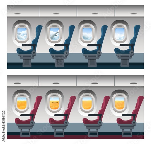 Airplane window view vector illustration. Cartoon interior inside, seats in row in plane cabin, trip viewing through porthole on cloudy blue sky landscape or desert scenery with camels. Travel concept