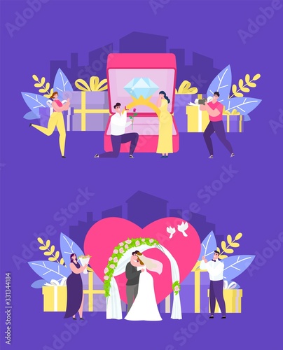 Wedding ceremony people vector illustration. Romantic trip for newlywed couple. Bride and groom standing under wedding arch love ceremony. Simple flat style cartoon characters wedding people