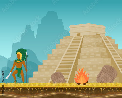 Aztec ancient warrior with knife, spear and feather headdress vector illustration. Pyramid, bonfire, face masks. Aboriginal mexican native ethnic tribal strong man character.