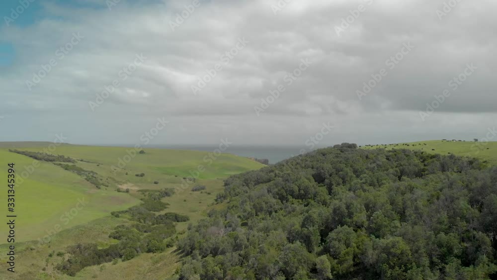Aerial orbit shot of the Mornington Peninsula ocean with green farmlands by the sea. Aerial orbit shot of the Mornington Peninsula ocean with green farmlands by the sea.