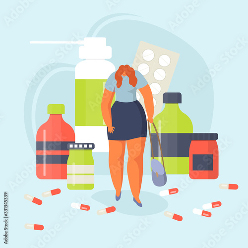 Woman with clinical depression among medications drugs pills vector illustration. Depressed girl with mental illness stands near antidepressants for apathy, melancholy, fatigue treatment.
