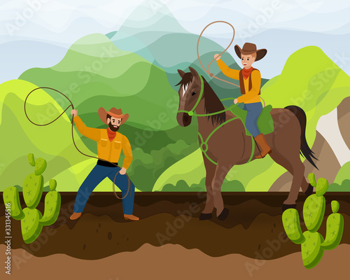 Two cowboys with horse on ranch of wild west vector illustration hand drawn. Men or father and son in hats with lasso. Young cowboy riding a stallion. Earth, cactus, mountains.
