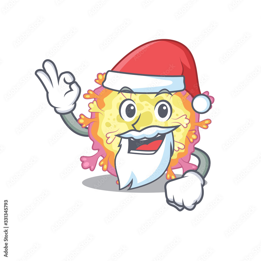 Coronaviridae virus in Santa cartoon character design showing ok finger