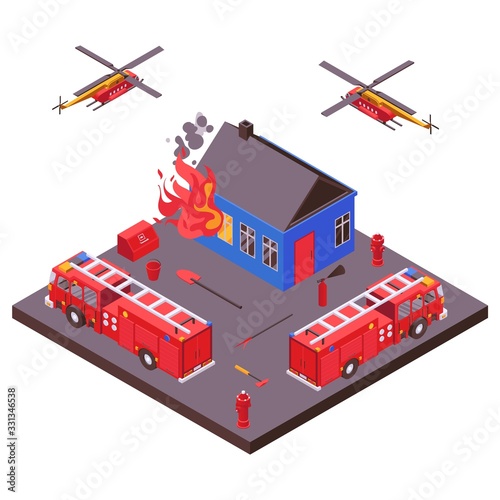 Fire fighting emergency rescue transport equipment extinguished burning house vector illustration. Fire engines truck with stairs, flying helicopters, hydrants, bucket and shovel. Isometric isolated.
