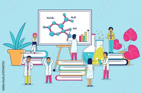 Lab research line art and science chemistry technology, mini people scientists working in laboratory with chemical experiment vector illustration. Laboratory tests and experiment research.