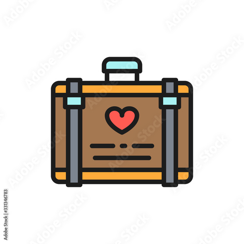 Wedding luggage, suitcase for honeymoon flat color line icon.