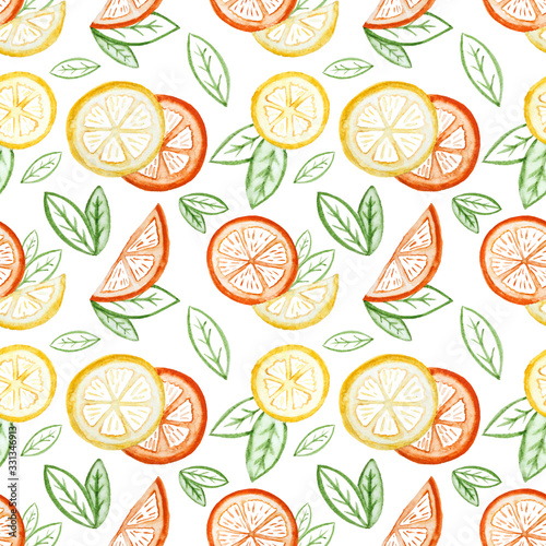 Fototapeta Naklejka Na Ścianę i Meble -  Citrus seamless pattern. Watercolor slices of mandarin, orange, lemon and leaves. Hand-drawn illustration on white background.