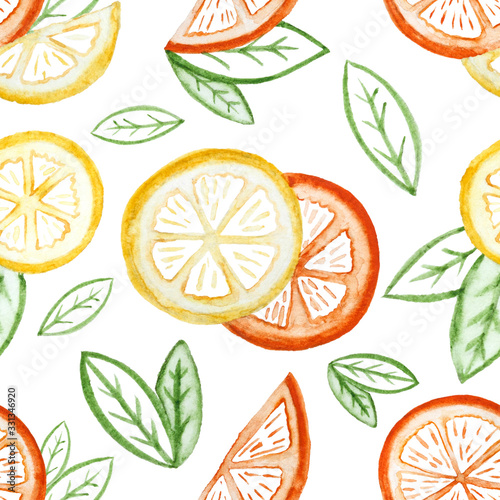 Fototapeta Naklejka Na Ścianę i Meble -  Citrus seamless pattern. Watercolor slices of mandarin, orange, lemon and leaves. Hand-drawn illustration on white background.