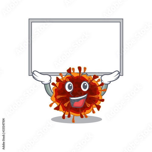 Happy cartoon character of delta coronavirus raised up board