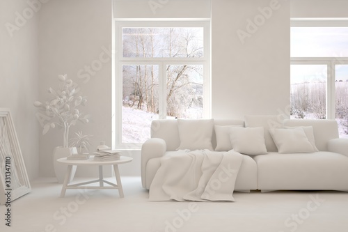 Mock up of stylish room in white color with sofa and winter landscape in window. Scandinavian interior design. 3D illustration