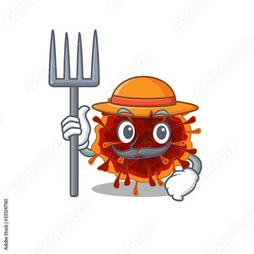 Delta coronavirus in Farmer cartoon character with hat and pitchfork