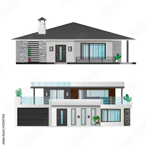 Fototapeta Naklejka Na Ścianę i Meble -  Set of Modern houses, cottage, town house with shadows. Architectural visualization of the cottage outside. Realistic vector illustration.