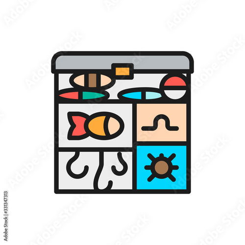 Fishing tackle box, hooks, baits flat color line icon.