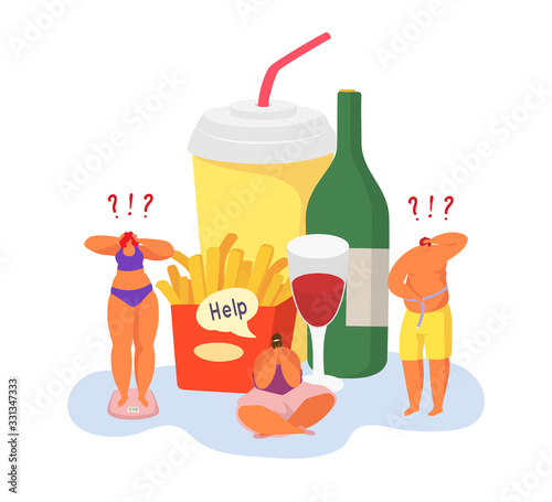 Obesity and fat people with overweigh problems and unhealthy food vector illustration isolated on white. Junk food french fries and obese unhappy men and women. Obesity concept illustration.