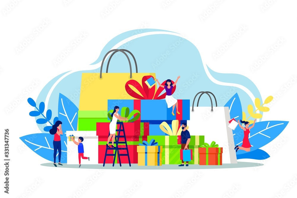 Shopping people with gifts vector illustration isolated on white. Smiling women, children and man characters with gift boxes and paper bags with goods. Pleasure of purchase. For sales and discounts.