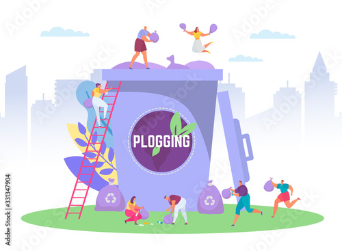 Plogging ecological concept run to clear the world, vector illustration of tiny people picking up litter into huge garbage container, plogging eco marathon. Plog eco movement for ecology pretection.