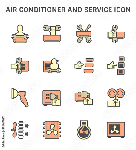 Air conditioner installation and cleaning service icon set design.