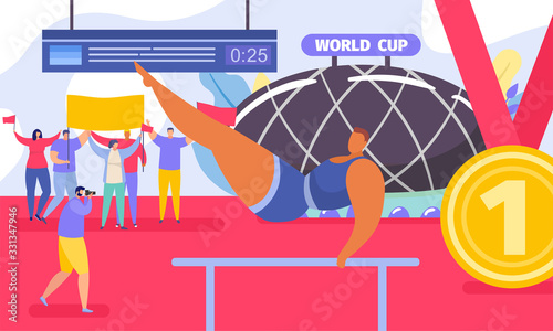 Professional gymnastic championship with athlete on parallel bars, sport funs and champions world cup prize vector illustration. Young muscular gymnast in sportswear in gym. Olympic sports.