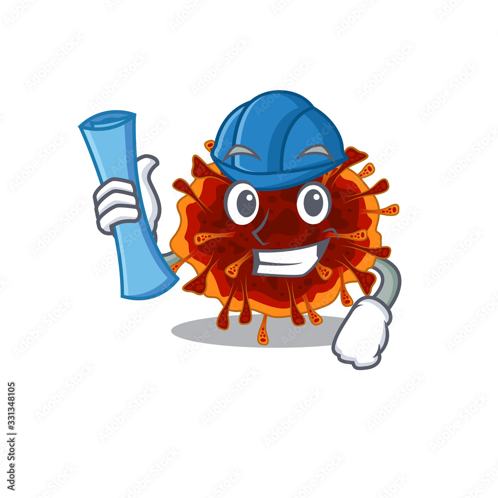 Naklejka premium Smiling Architect of delta coronavirus having blue prints and blue helmet
