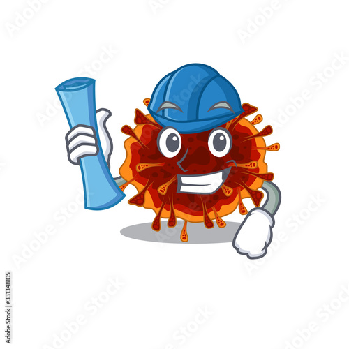 Smiling Architect of delta coronavirus having blue prints and blue helmet