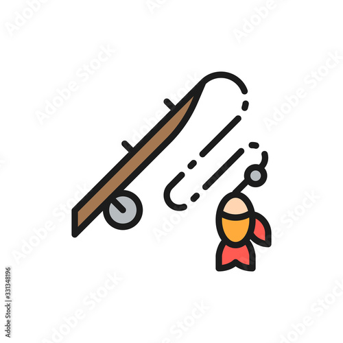 Fishing rod with fish flat color line icon.