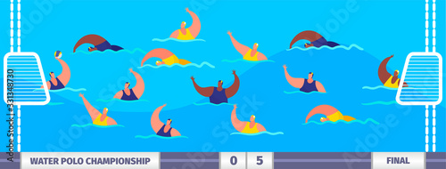 Water polo athlete players sportsmen in pool championship vector illustration. Swimmer players. Water polo teams match sporting competition. Summer sports in water with multi national people.