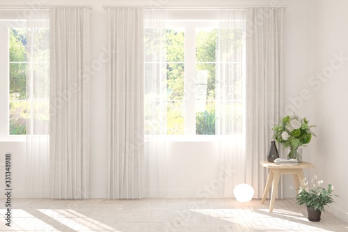 White empty living room with summer landscape in window. Scandinavian interior design. 3D illustration
